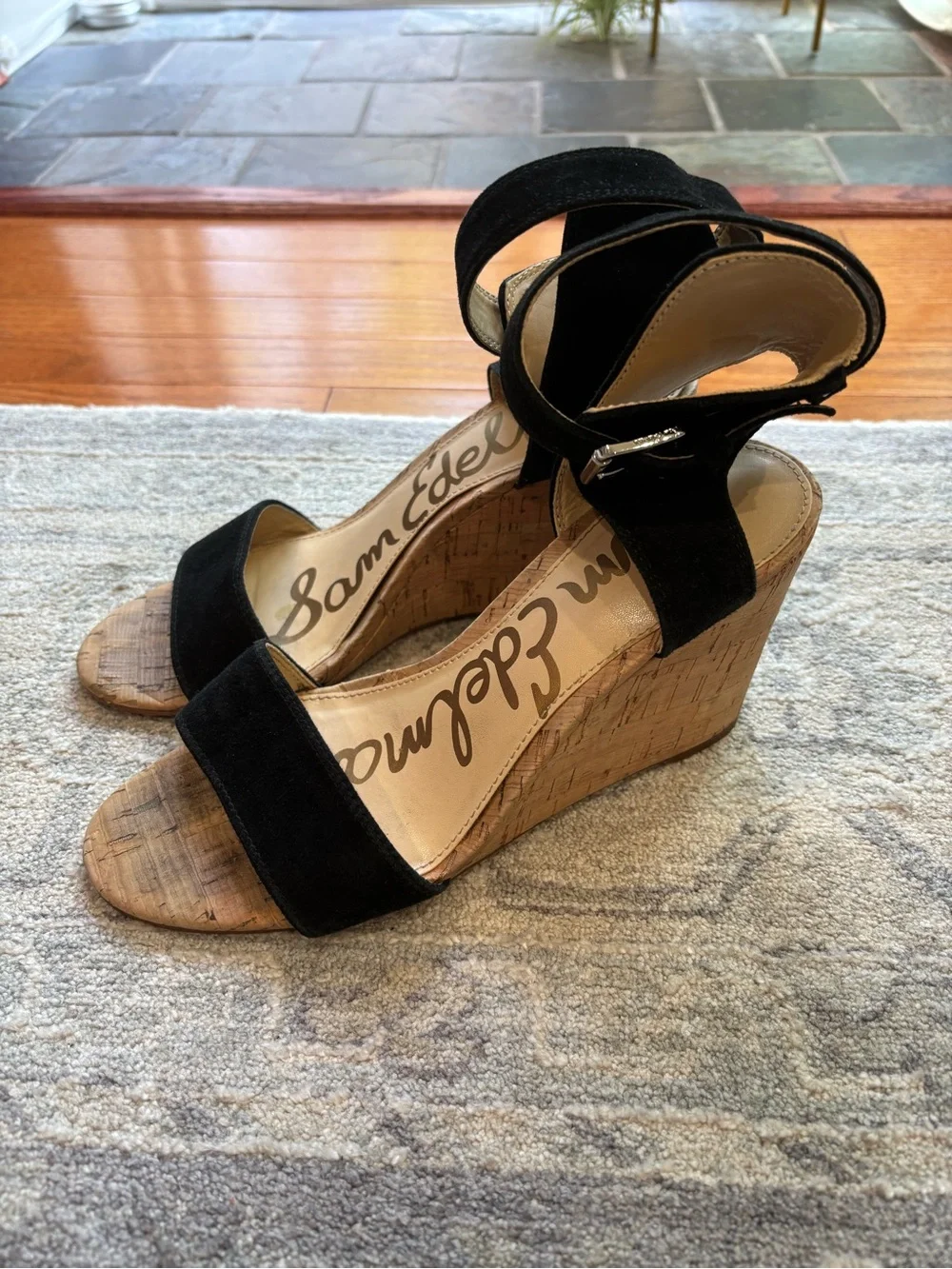 Sam Edelman Willow Black Suede Cork Wedge Sandals